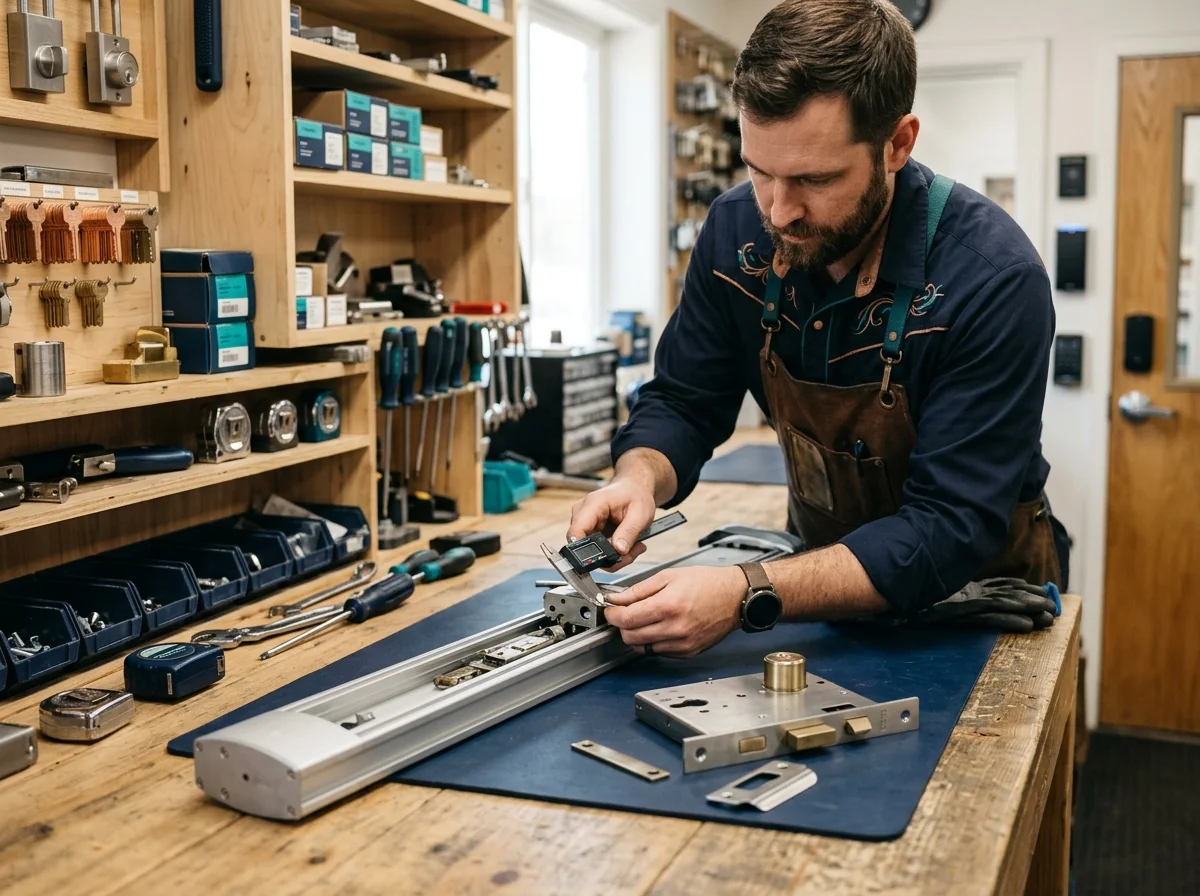 Commercial locksmith inspecting access hardware