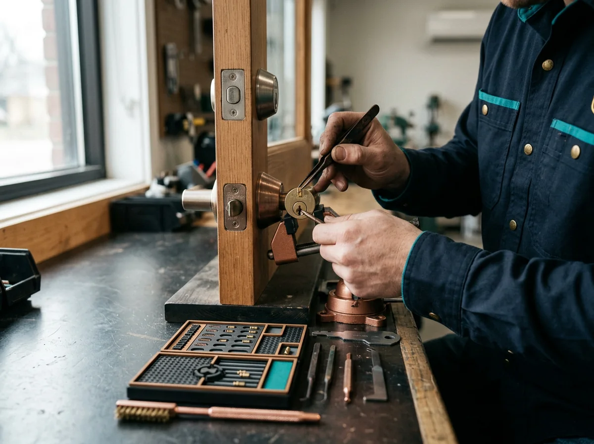 Residential locksmith rekeying a deadbolt