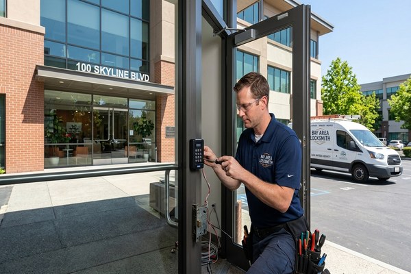 Commercial locksmith installing access control panel in San Bruno office
