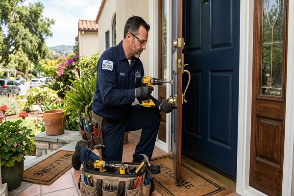 Residential locksmith working a deadbolt at a San Bruno home